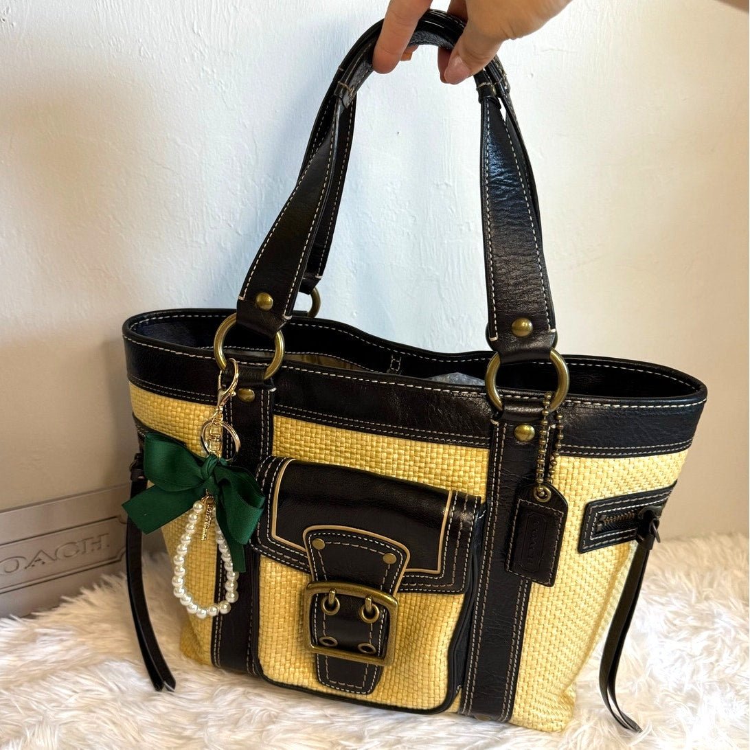 96d1e8aa-3f97-4bf7-93e5-584825150865_89856bfa-d1b5-46ff-b9b0-c4c848b9c2ab Vintage COACH y2k Black Natural Legacy Straw Tote Bag - Image 1